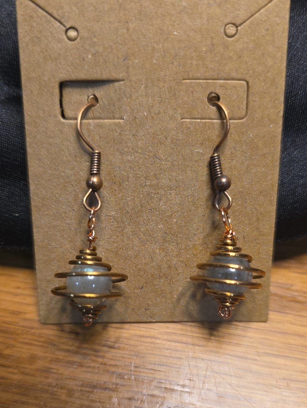 Handmade Gold-Tone Wire Spiral Earrings with Stone Beads